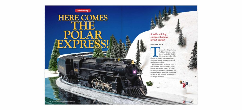 Magazine spread with model of the Polar Express train